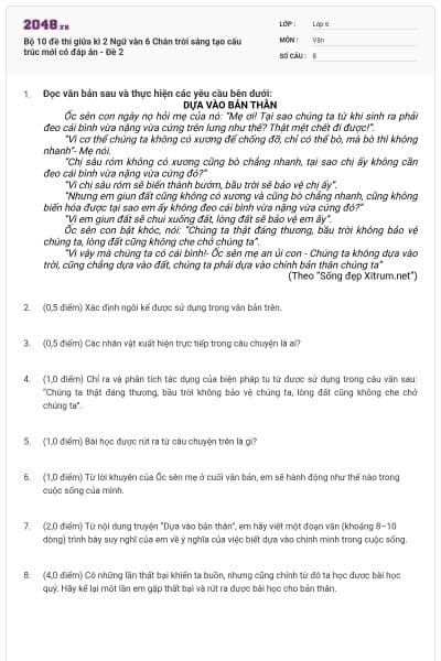 Bộ 10 đề thi giữa kì 2 Ngữ văn 6 Chân trời sáng tạo cấu trúc mới có đáp án - Đề 2