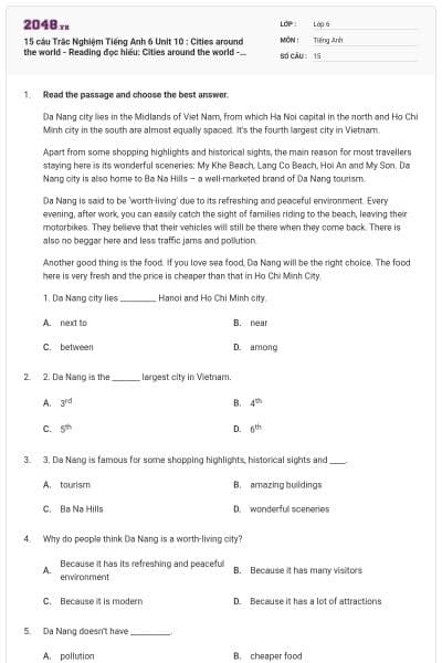 15 câu Trắc Nghiệm Tiếng Anh 6 Unit 10 : Cities around the world - Reading đọc hiểu: Cities around the world - iLearn Smart World có đáp án