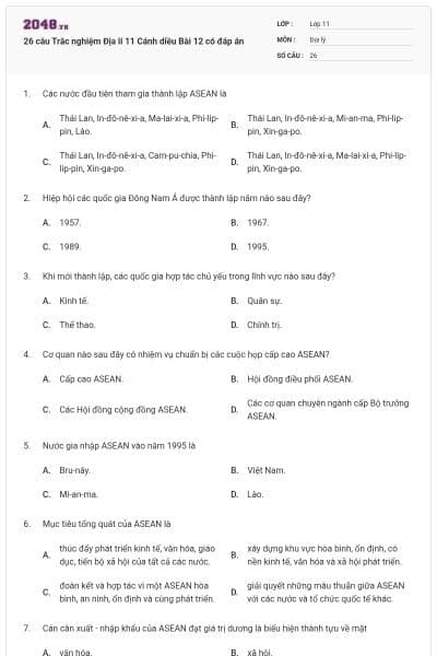 26 câu Trắc nghiệm Địa lí 11 Cánh diều Bài 12 có đáp án