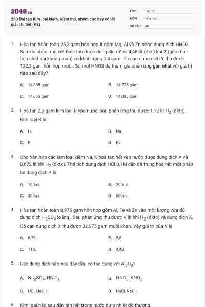 280 Bài tập Kim loại kiềm, kiềm thổ, nhôm cực hay có lời giải chi tiết (P2)