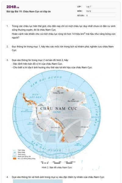 Bài tập Bài 19. Châu Nam Cực có đáp án