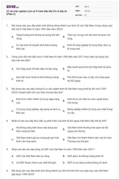 22 câu trắc nghiệm Lịch sử 9 Cánh diều Bài 20 có đáp án (Phần 2)
