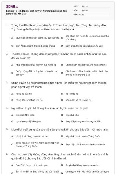 Lịch sử 10 (có đáp án) Lịch sử Việt Nam từ nguồn gốc đến giữa thế kỉ XIX (P2)