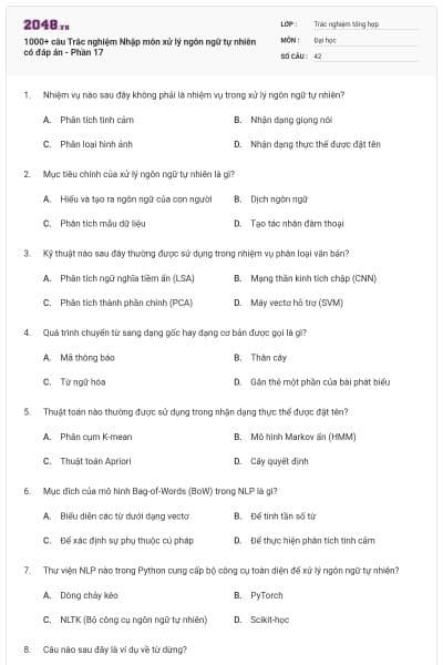 1000+ câu Trắc nghiệm Nhập môn xử lý ngôn ngữ tự nhiên có đáp án - Phần 17