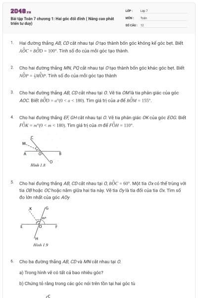 Bài tập Toán 7 chương 1: Hai góc đối đỉnh ( Nâng cao phát triển tư duy)