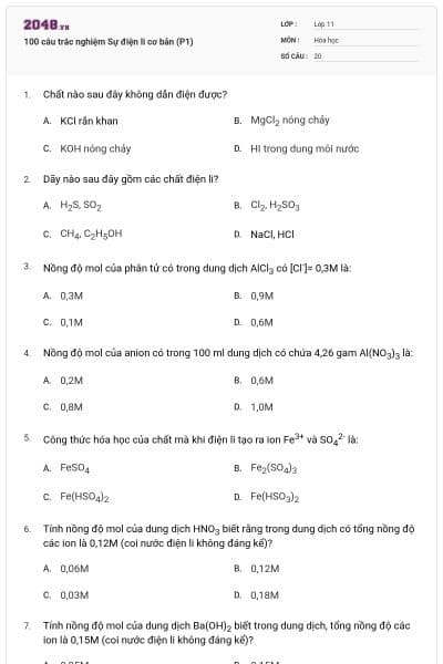 100 câu trắc nghiệm Sự điện li cơ bản (P1)