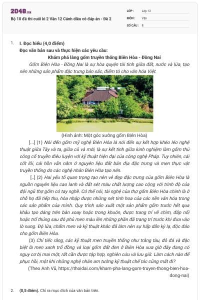 Bộ 10 đề thi cuối kì 2 Văn 12 Cánh diều có đáp án - Đề 2