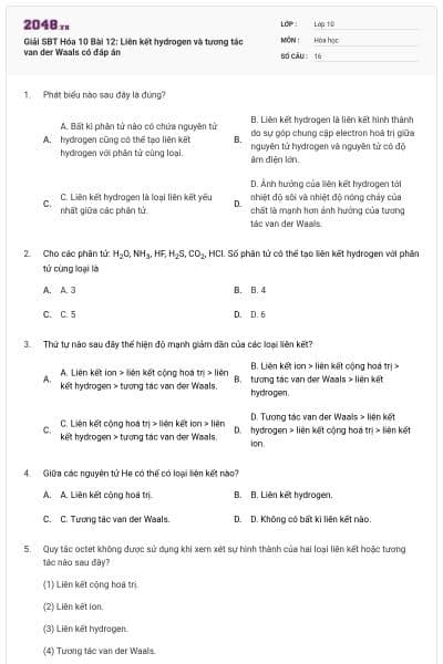 Giải SBT Hóa 10 Bài 12: Liên kết hydrogen và tương tác van der Waals có đáp án