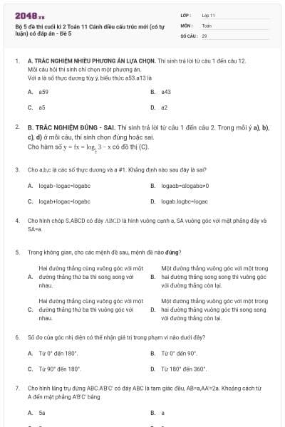 Bộ 5 đề thi cuối kì 2 Toán 11 Cánh diều cấu trúc mới (có tự luận) có đáp án - Đề 5