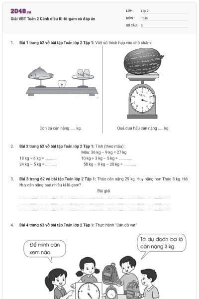 Giải VBT Toán 2 Cánh diều Ki-lô-gam có đáp án