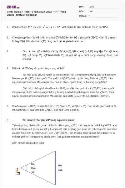 Đề thi giữa kì 1 Toán 10 năm 2022-2023 THPT Trưng Vương (TP.HCM) có đáp án