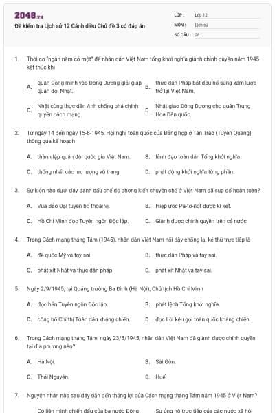 Đề kiểm tra Lịch sử 12 Cánh diều Chủ đề 3 có đáp án