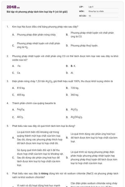 Bài tập về phương pháp tách kim loại lớp 9 (có lời giải)