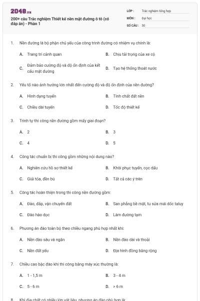 200+ câu Trắc nghiệm Thiết kế nền mặt đường ô tô (có đáp án) - Phần 1