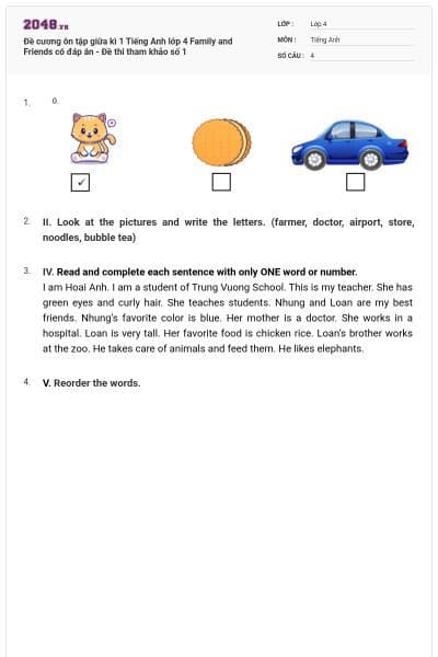 Đề cương ôn tập giữa kì 1 Tiếng Anh lớp 4 Family and Friends có đáp án - Đề thi tham khảo số 1
