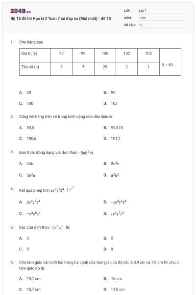 Bộ 15 đề thi Học kì 2 Toán 7 có đáp án (Mới nhất) - đề 13