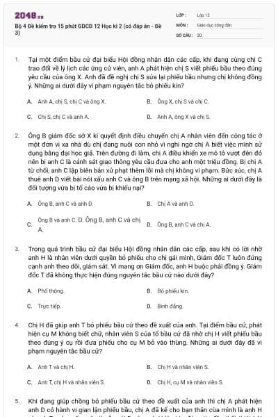 Bộ 4 Đề kiểm tra 15 phút GDCD 12 Học kì 2 (có đáp án - Đề 3)