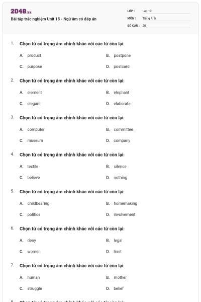 Bài tập trắc nghiệm Unit 15 - Ngữ âm có đáp án