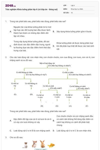 Trắc nghiệm Khóa lưỡng phân lớp 6 (có đáp án - Đúng sai)