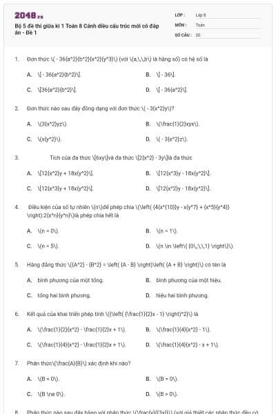 Bộ 5 đề thi giữa kì 1 Toán 8 Cánh diều cấu trúc mới có đáp án - Đề 1