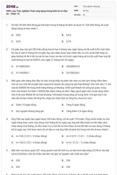 500+ câu Trắc nghiệm Toán ứng dụng trong kinh tế có đáp án - Phần 16