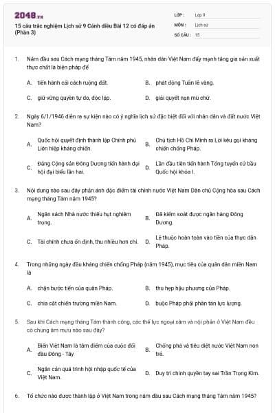 15 câu trắc nghiệm Lịch sử 9 Cánh diều Bài 12 có đáp án (Phần 3)