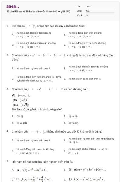 53 câu Bài tập về Tính đơn điệu của hàm số có lời giải (P1)