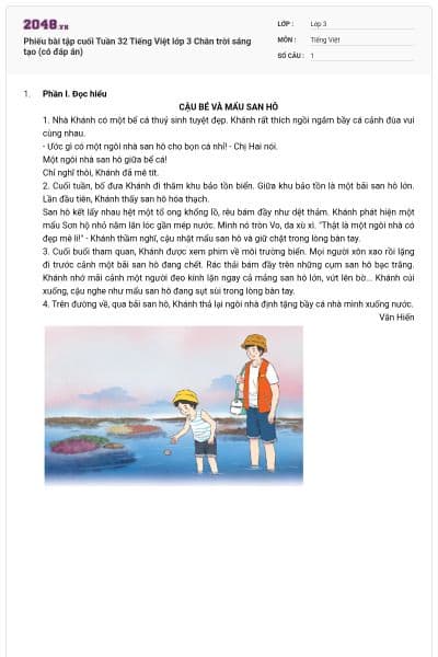 Phiếu bài tập cuối Tuần 32 Tiếng Việt lớp 3 Chân trời sáng tạo (có đáp án)