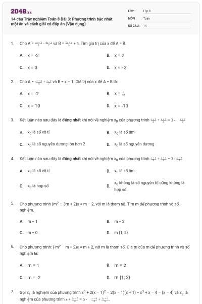 14 câu Trắc nghiệm Toán 8 Bài 3: Phương trình bậc nhất một ẩn và cách giải có đáp án (Vận dụng)
