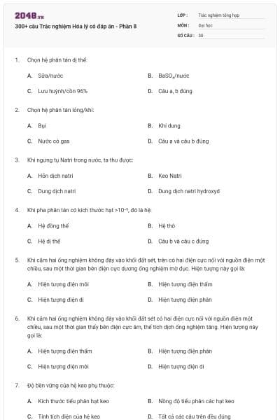 300+ câu Trắc nghiệm Hóa lý có đáp án - Phần 8