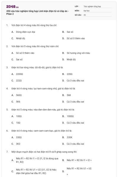 450 câu trắc nghiệm tổng hợp Linh kiện điện tử có đáp án - Phần 2