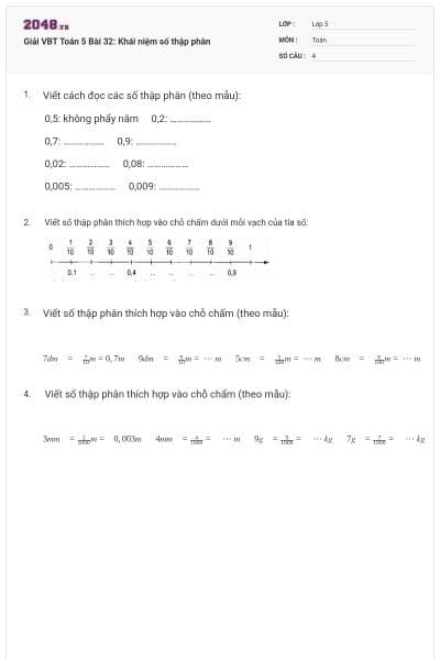Giải VBT Toán 5 Bài 32: Khái niệm số thập phân