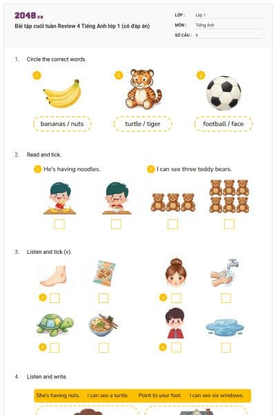 Bài tập cuối tuần Review 4 Tiếng Anh lớp 1 (có đáp án)