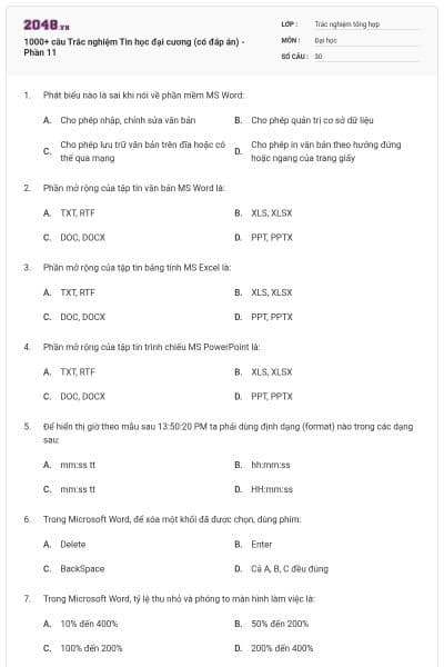 1000+ câu Trắc nghiệm Tin học đại cương (có đáp án) - Phần 11