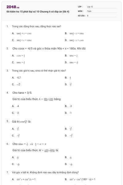 Đề kiểm tra 15 phút Đại số 10 Chương 6 có đáp án (Đề 4)