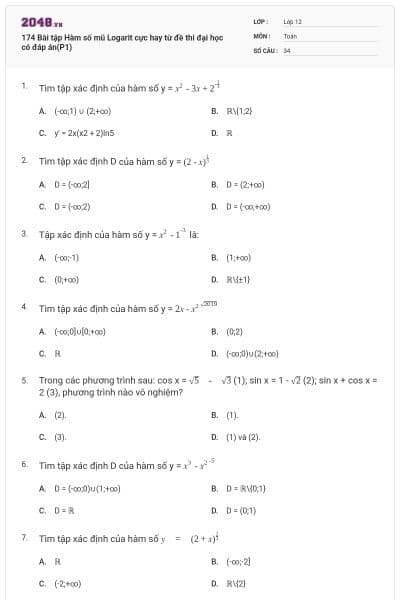 174 Bài tập Hàm số mũ Logarit cực hay từ đề thi đại học có đáp án(P1)