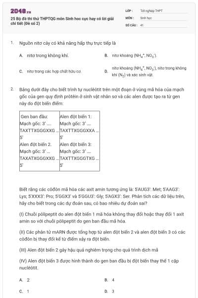 25 Bộ đề thi thử THPTQG môn Sinh hoc cực hay có lời giải chi tiết (Đề số 2)