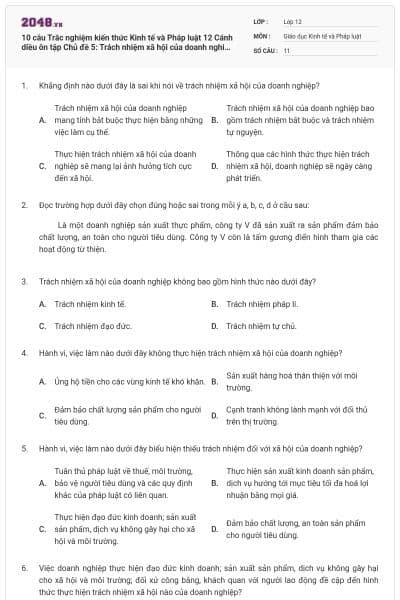 10 câu  Trắc nghiệm kiến thức Kinh tế và Pháp luật 12 Cánh diều ôn tập Chủ đề 5: Trách nhiệm xã hội của doanh nghiệp có đáp án