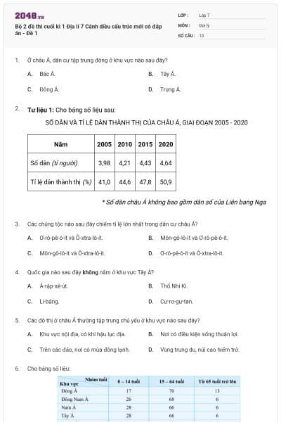 Bộ 2 đề thi cuối kì 1 Địa lí 7 Cánh diều cấu trúc mới có đáp án - Đề 1