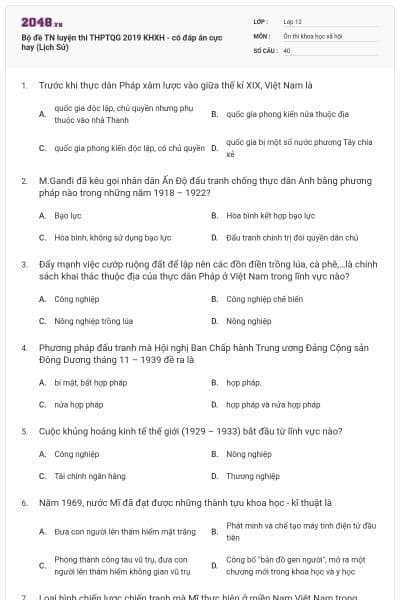 Bộ đề TN luyện thi THPTQG 2019 KHXH - có đáp án cực hay (Lịch Sử)