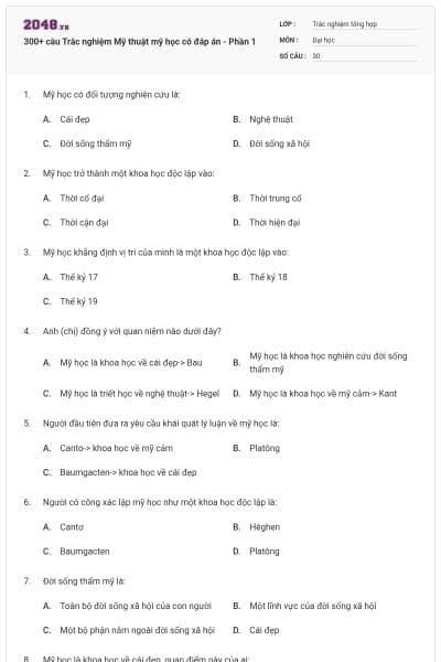 300+ câu Trắc nghiệm Mỹ thuật mỹ học có đáp án - Phần 1