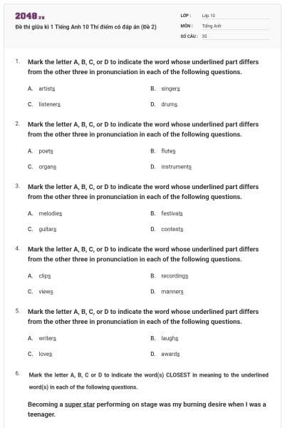 Đề thi giữa kì 1 Tiếng Anh 10 Thí điểm có đáp án (Đề 2)