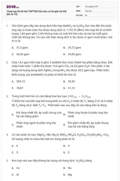 Tổng hợp đề thi thử THPTQG Hóa Học có lời giải chi tiết (Đề số 10)
