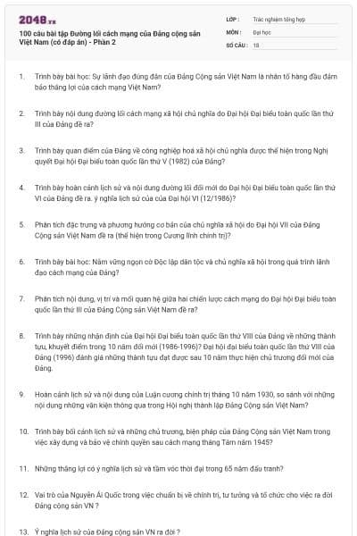 100 câu bài tập Đường lối cách mạng của Đảng cộng sản Việt Nam (có đáp án) - Phần 2