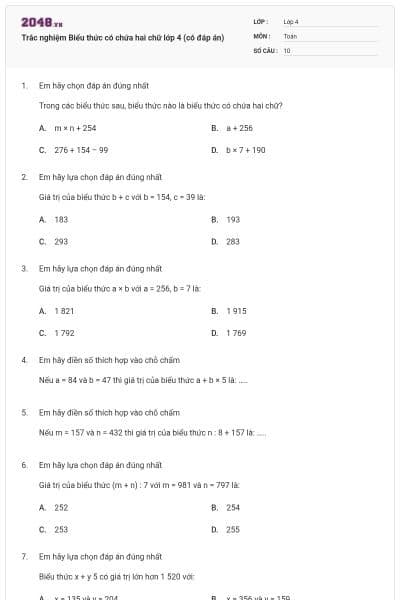 Trắc nghiệm Biểu thức có chứa hai chữ lớp 4 (có đáp án)