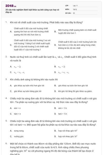 20 câu trắc nghiệm Định luật khúc xạ ánh sáng cực hay có đáp án