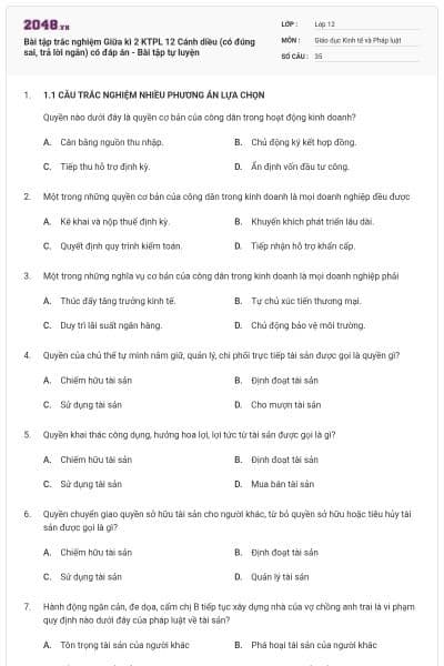 Bài tập trắc nghiệm Giữa kì 2 KTPL 12 Cánh diều (có đúng sai, trả lời ngắn) có đáp án - Bài tập tự luyện