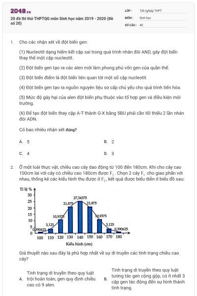 20 đề thi thử THPTQG môn Sinh học năm 2019 - 2020 (Đề số 20)