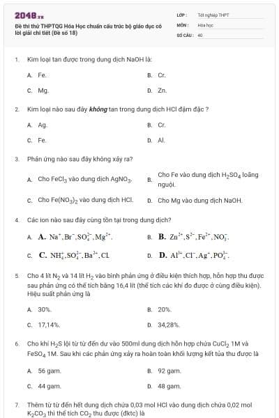 Đề thi thử THPTQG Hóa Học chuẩn cấu trúc bộ giáo dục có lời giải chi tiết (Đề số 18)