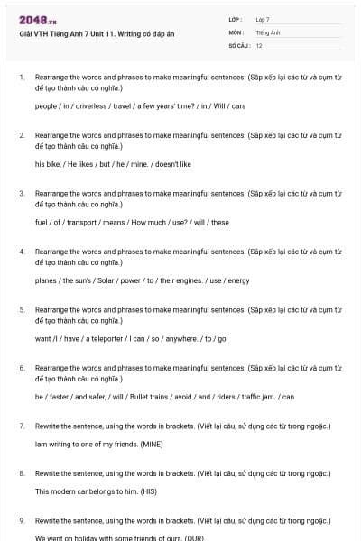 Giải VTH Tiếng Anh 7 Unit 11. Writing có đáp án